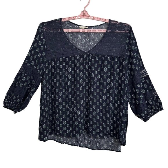 loralette Womens 3X Navy Floral Boho V-Neck Peasant Top 3/4 Sleeves Hippie - Picture 1 of 7